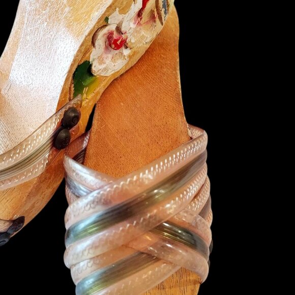 Rare 1940s Philippines Wedge Sandal Childs Shoe Hand Painted Carved Wood WWII - Picture 3 of 8